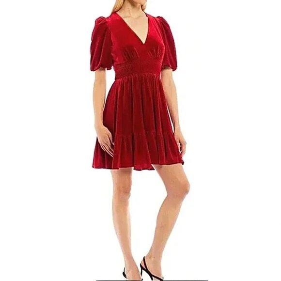 Antonio Melani Dress Velvet Red V Neck Bubble Sleeve Mini Thelma Fit & Flare NEW - Picture 1 of 12